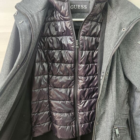 Guess Women Small Long Sleeve Black Gray Hood Trench Pea Coat Puffer Jacket FLAW - Picture 10 of 16